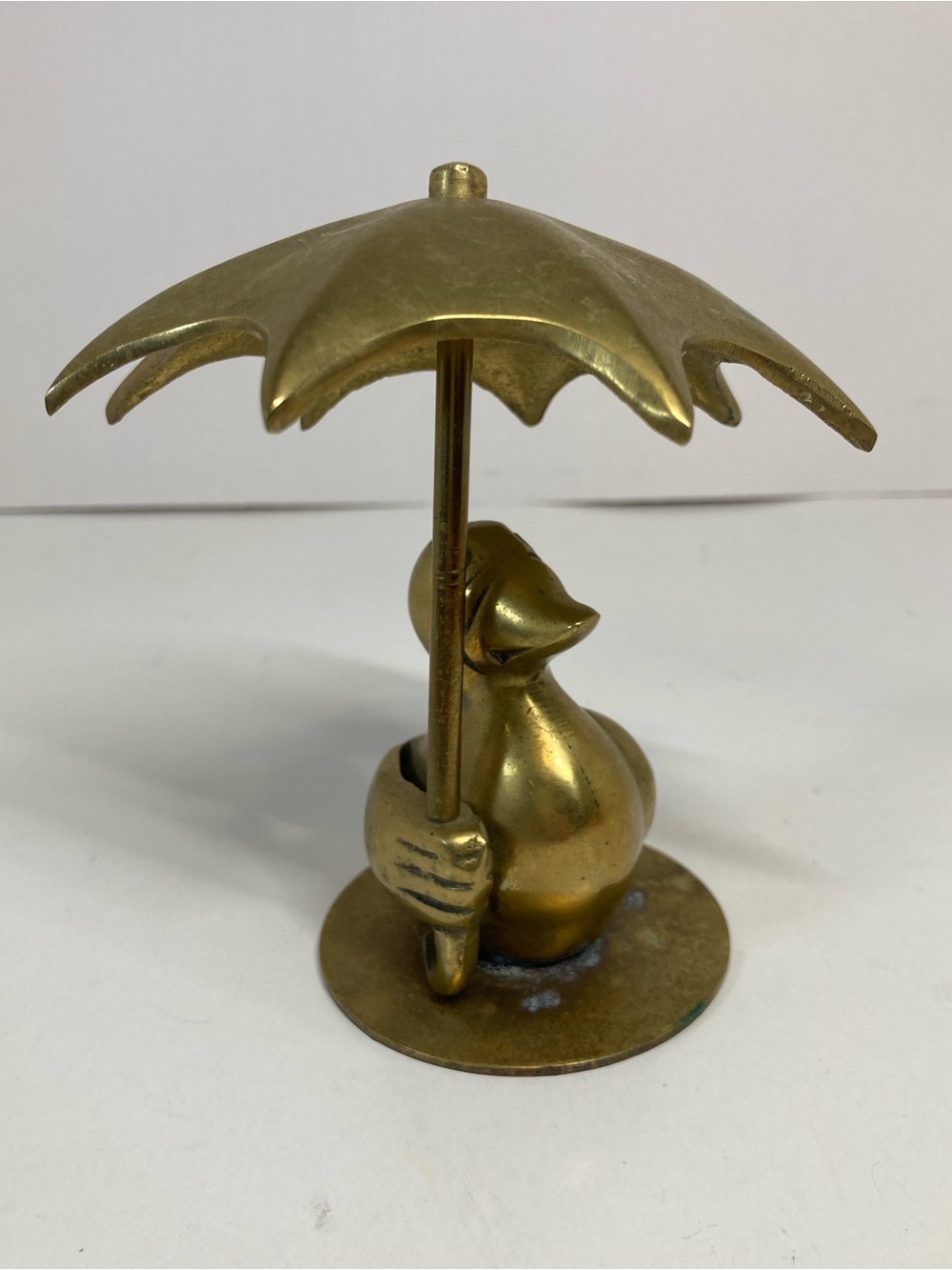 Vintage Brass Duck Holding Umbrella MCM Whimsical Figurine 5” Decor